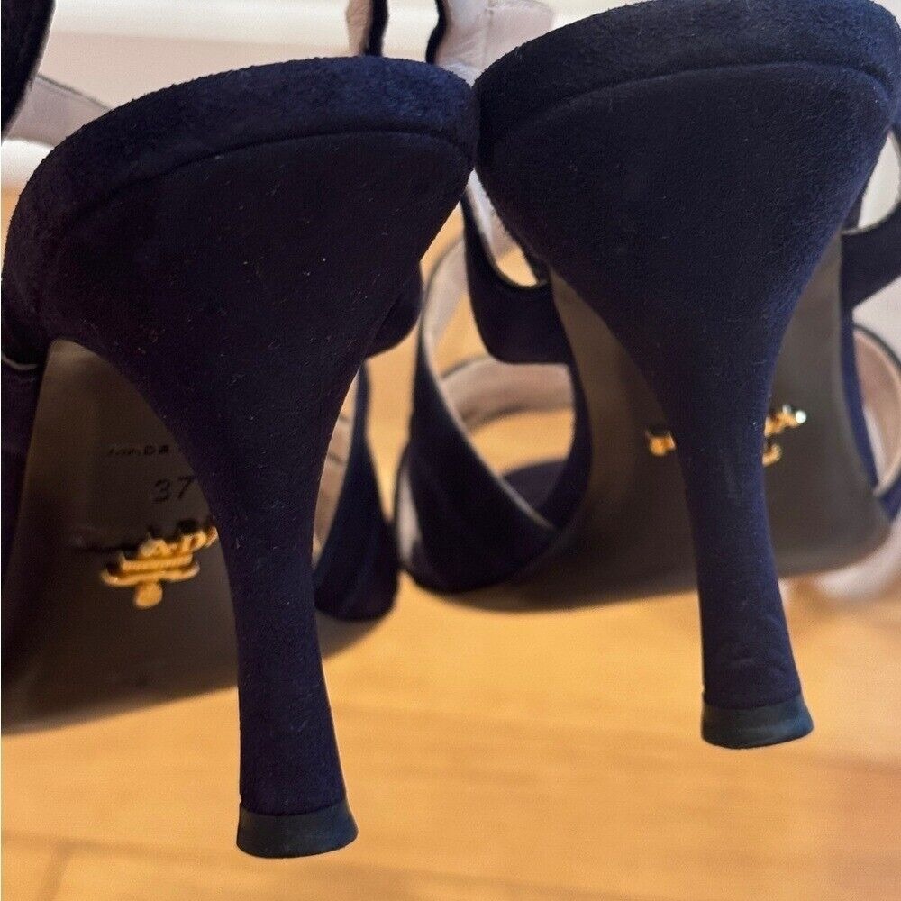 Prada‎  Navy Blue Suede Strappy Cut out Heel Sandal Size 37 - Picture 7 of 8